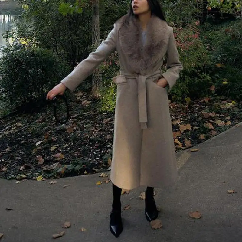 

Autumn Winter New Arrival Women's Long Sve Fur Collar Belted Woolen Coat Commute Sle Regular Sve Polyester Fabric