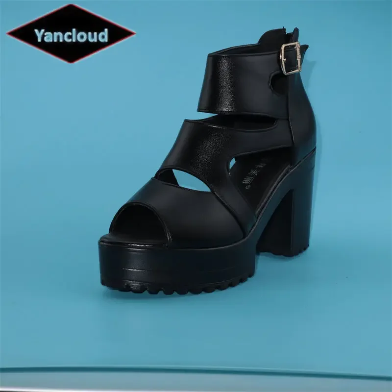 

Plus Size 32-43 Back Zip Soft Leather Shoes Woman Block High Heels 2025 Summer Thick Chunky Platform Sandals Gladiator Office