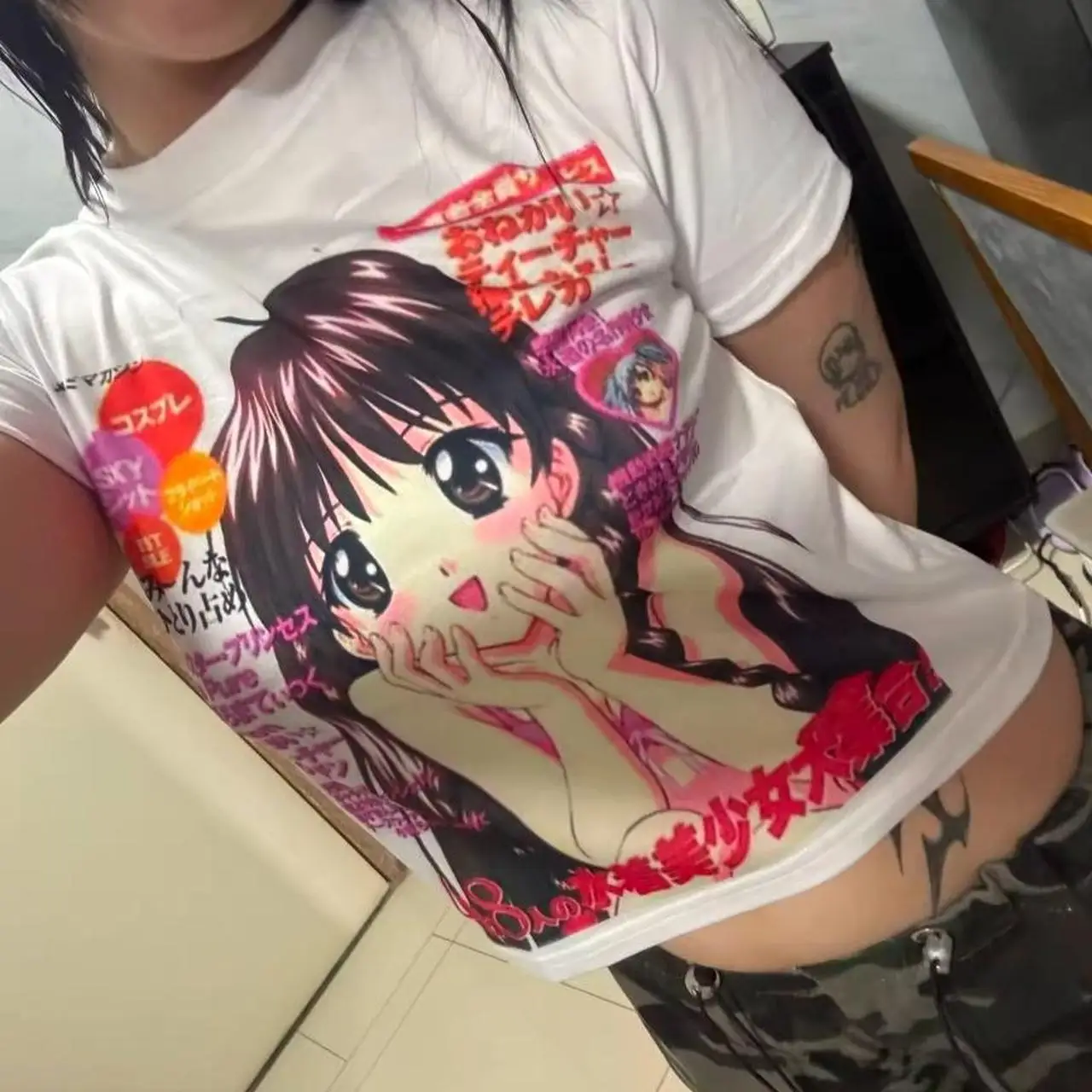2000s Punk Women’s Slim Fit Crew Neck Short Sleeve Retro Pattern Baby Tee Sexy Street Style Mood Girl Y2K Cropped Top Graphic T-