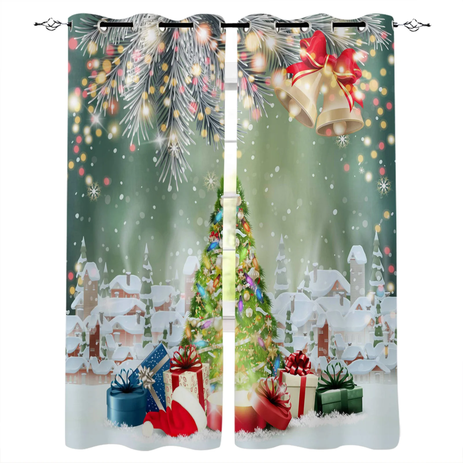 Christmas Tree Bells Village Snow Luxury European Curtains for Living Room Festival Window Curtain Bedroom Drapes Window Panels