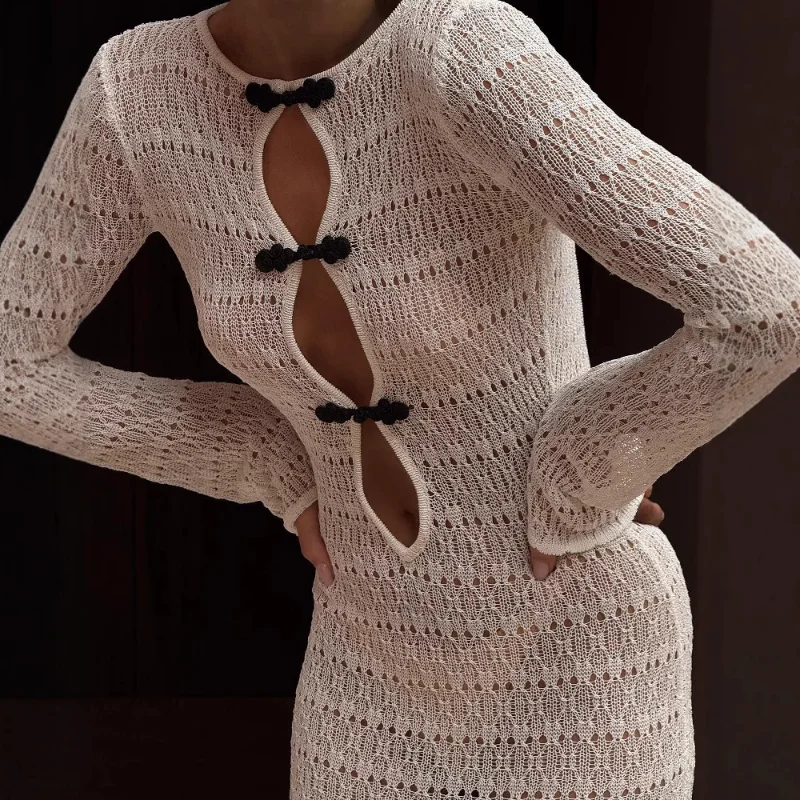 

2025 Summer Solid Hollow Out Vacation Beach Maxi Dress Women O Neck Full Sleeve Single Breasted Slim Casual Bikini Cover Ups