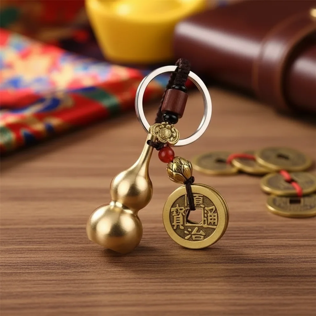 Brass Gourd Keychain Feng Shui Lucky Pendant with Fortune Coin Vintage Jewelry Accessories