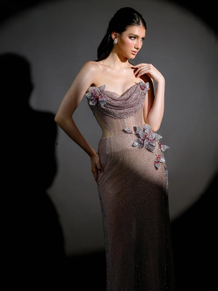 VC Luxury Crystal-Embellished Strapless Maxi Dresses with Sheer Illusion and Draped Detailing – Hollowed Out Formal Long Dress