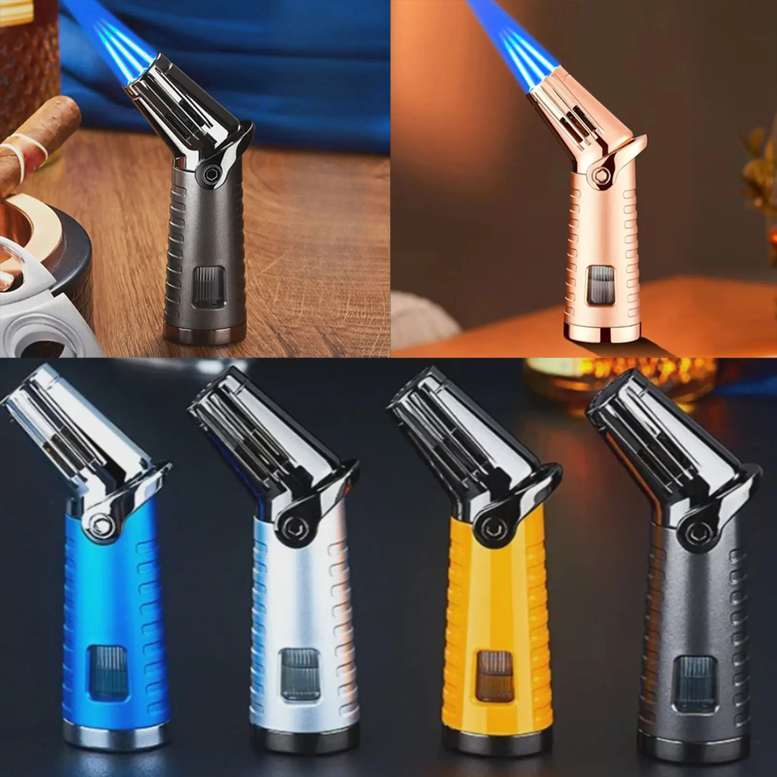

Triple Jet-Flame Cigars Torch Lighter Refillable Portable Outdoor Metal Lighters for BBQ Grilling