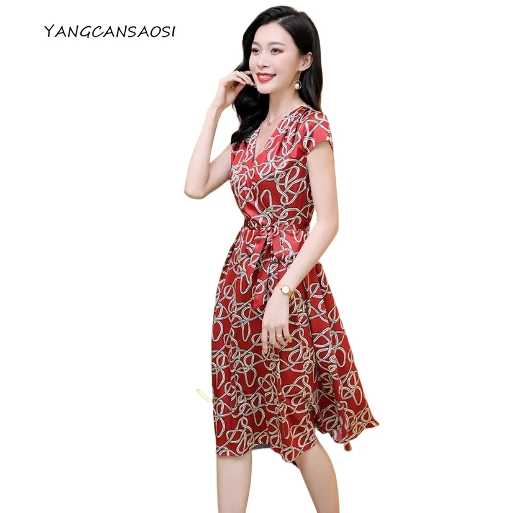 Women's Fashion Spring/Summer Clothing 89% Natural Mulberry Silk Elastic Satin Exquisite Temperament Waist-cinching Print Dress