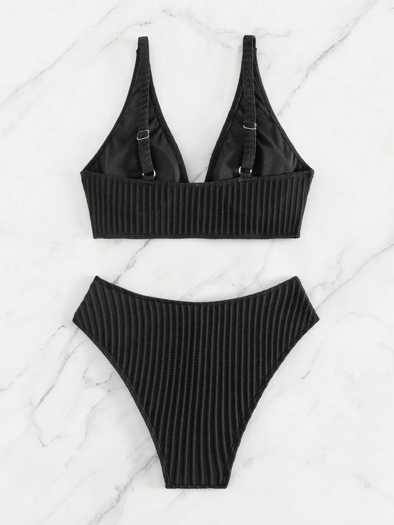 Summer Black Pure Lace-Up Separate Bikini Swimsuit Set Photo Check-In