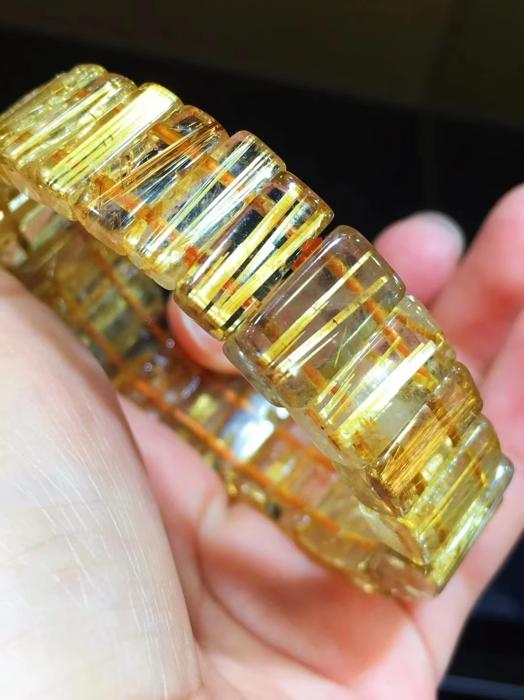 Natural Gold Rutilated Quartz Rectangle beads Bracelet 14.6x7.5x6.4mm Wealthy Woman Men Clear Jewelry From Brazil AAAAAAA