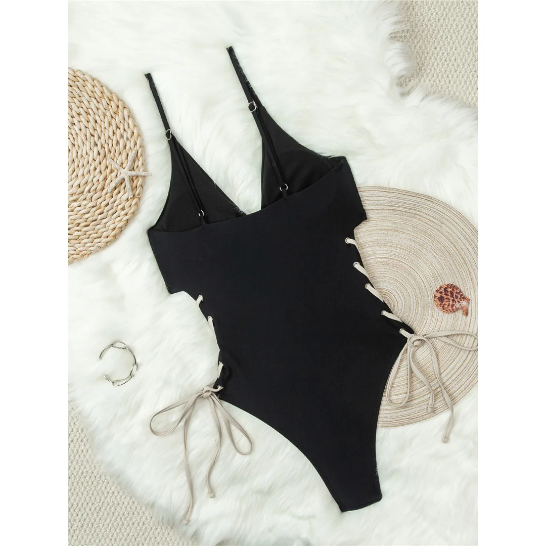 XS - L, tiefes V-Ausschnitt-Design, mit Schnürung, Damen-Badeanzug, einteiliger Badeanzug, Damen-Badeanzug mit hohem Beinausschnitt, Monokini, Badebekleidung, Badeanzug, V7806. – Detail 6