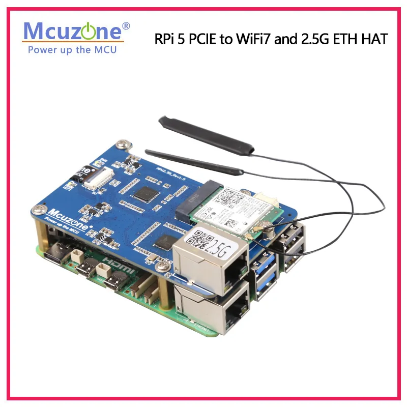 MPW2.5G Raspberry Pi 5 PCIE to WiFi7 and 2.5G ETH HAT,M.2 E key interface, support WiFi7, WiFi6, WiFi5