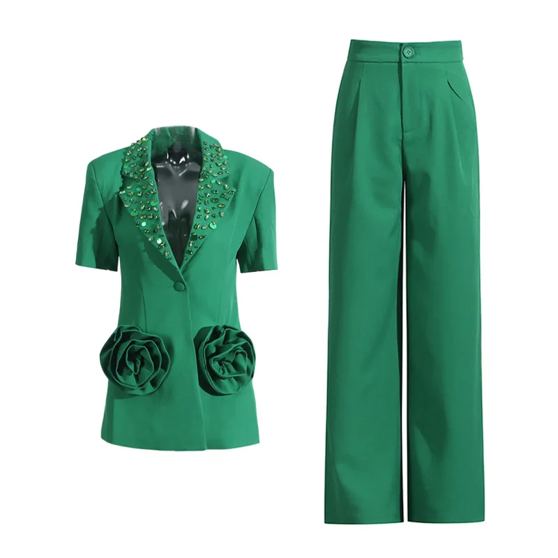 HKSH Women Chic Two-piece Set Short Sleeves Studded Diamonds 3D Flower Slim Fit Elegant Fashion Blazer Solid Color Pants HK22056