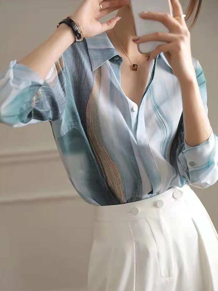 Zoki Elegant Chiffon Office Lady Gradient Shirt Korean Long Sleeve Thin Loose Fashion Blouse Casual All Match Print Female Tops