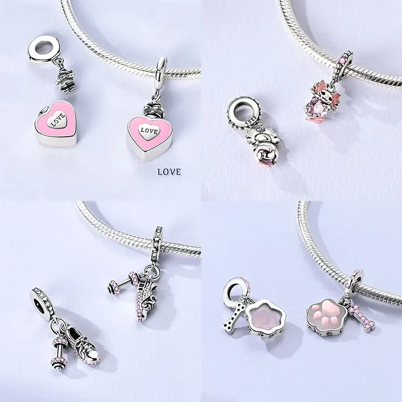 Pink Cat 925 Sterling Silver Charms Beads Fit Original Bracelet Bag Keychain Earring Charms Beads Pendant Diy Women Jewelry Gift