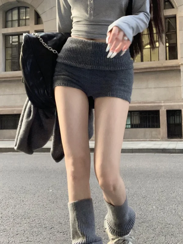 

Gray Knitted Short Pants Women's Outerwear High Waist Abdomen Slimming Autumn Winter Warm Casual Straight Leg Pants