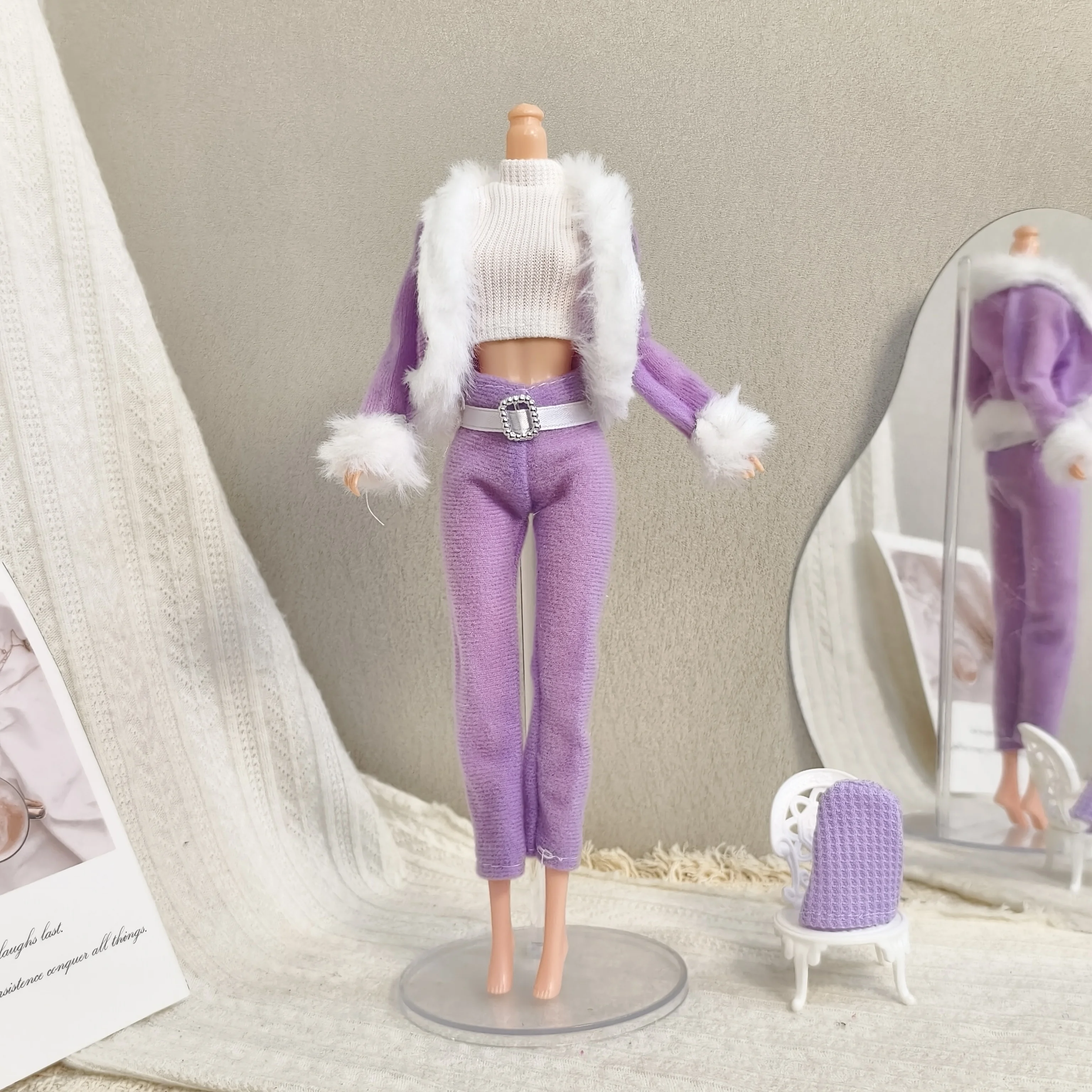 Sweet Fashion Pink Plush Short Jacket+White Vest+Trousers Set / Retro Plaid Jacket For 1/6 Babi Supermodel Doll Clothes Parts