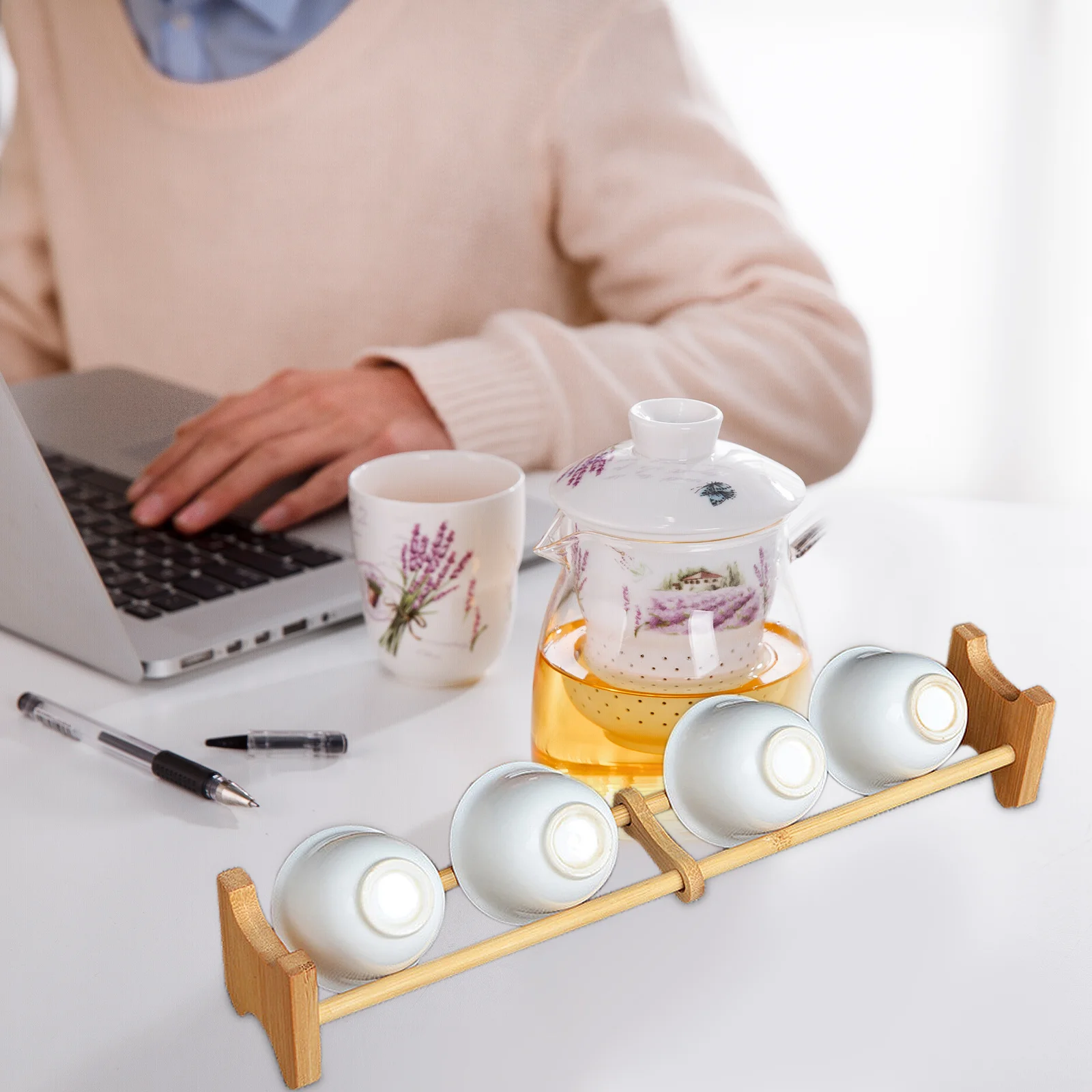 

Bamboo Tea Cup Holder Rack Space-Saving Dish Drying Tray Organizer Easy Assembly Smooth Craftsmanship Wood Mug Tree Tea