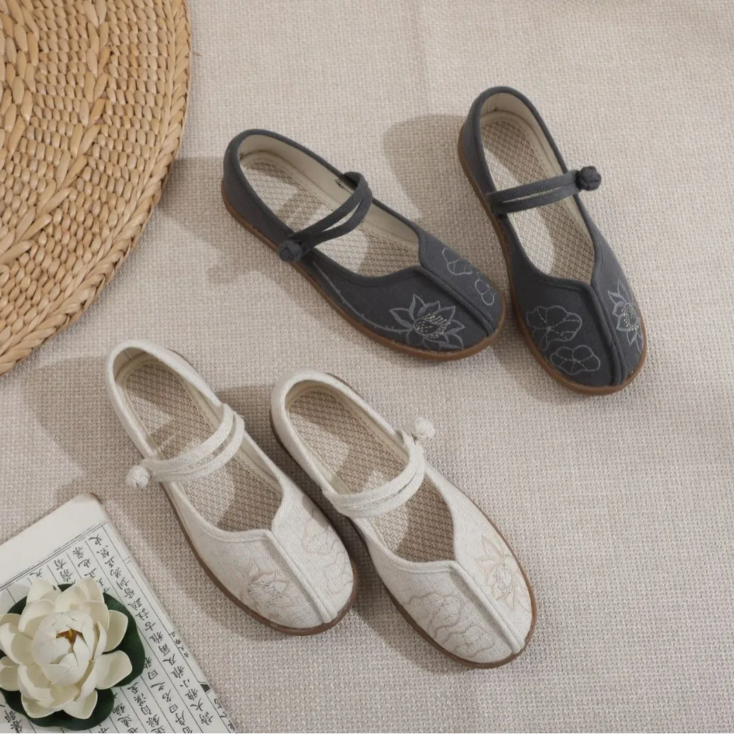 

2026 Summer Women's Gray & Beige Breathable Mesh Mary Jane Flats Lotus Embroidery Casual Traditional Shoes Hanfu Shoes Q-168