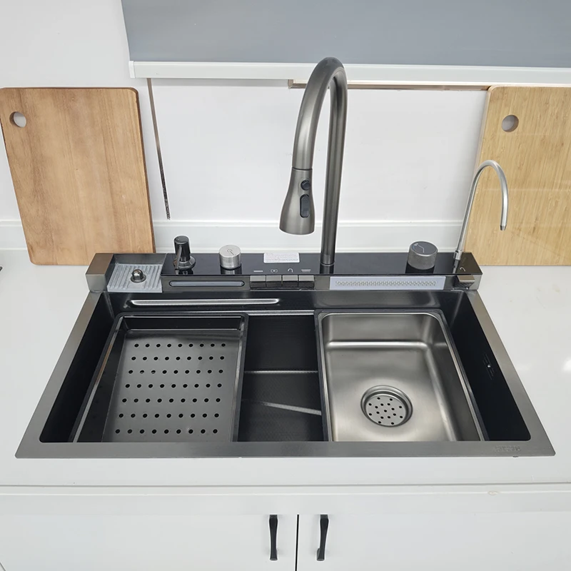 

Многофункциональная кухонная мойка со светодиодным цифровым дисплеем и водопадом, против царапин, раковина из нержавеющей стали 304, кухонная мойка для чашек с одним слотом