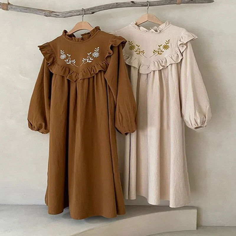 Spring Autumn Dress Family Matching Clothes Solid Mother Daughter Long-sleeved Soft Cotton Dress Women Dress Girl Birthday Dress