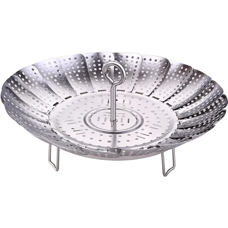 Certificate 304 Stainless Baozi Steamer Foldable Food Steaming Tray with 4cm Height Rack and 3mm Holes Detachable Handle