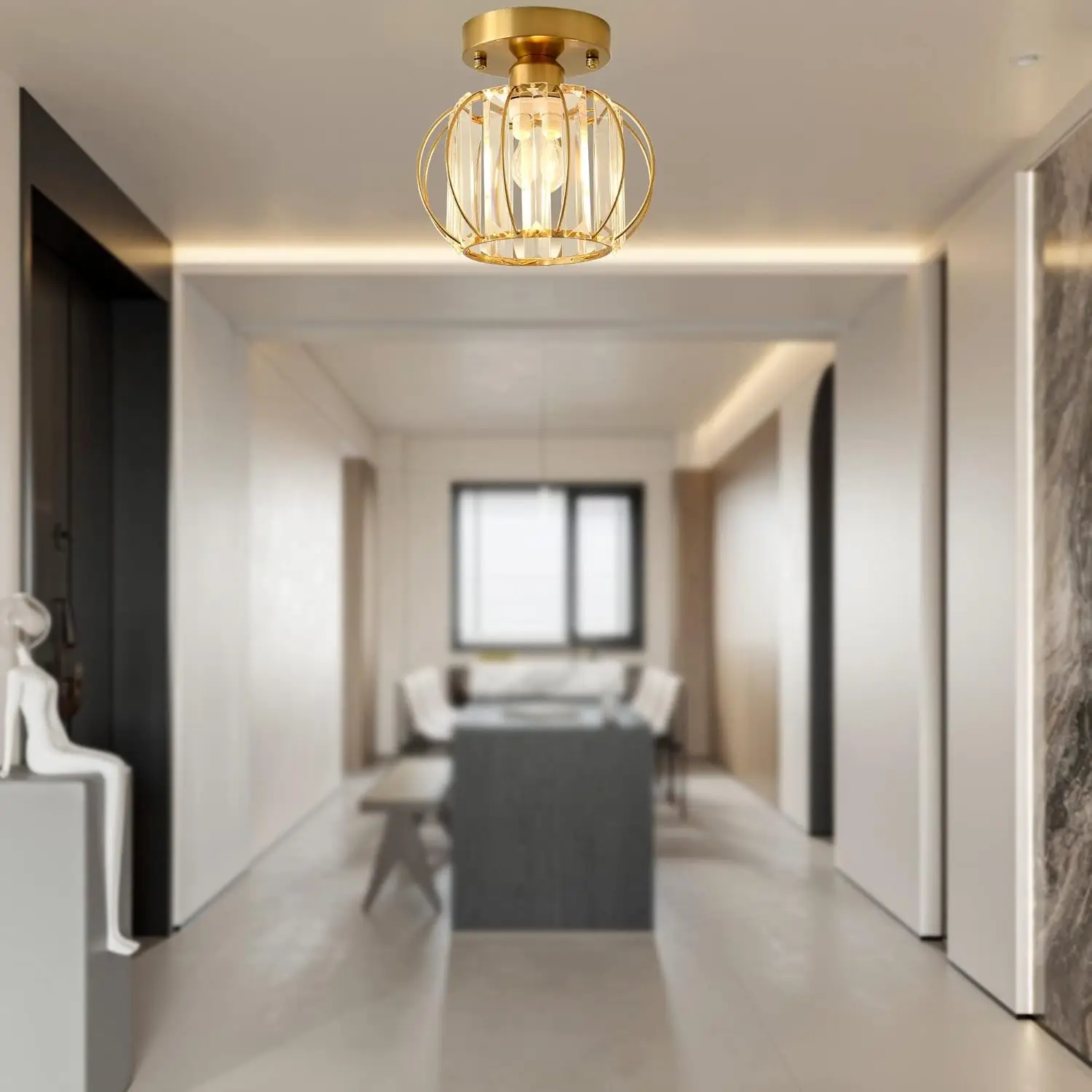 مصباح سقف كريستالي، مصباح سقف صغير E27، إضاءة سقف معدنية، إضاءة داخلية شبه راحة (ذهبي، لمبة غير متضمنة) #2