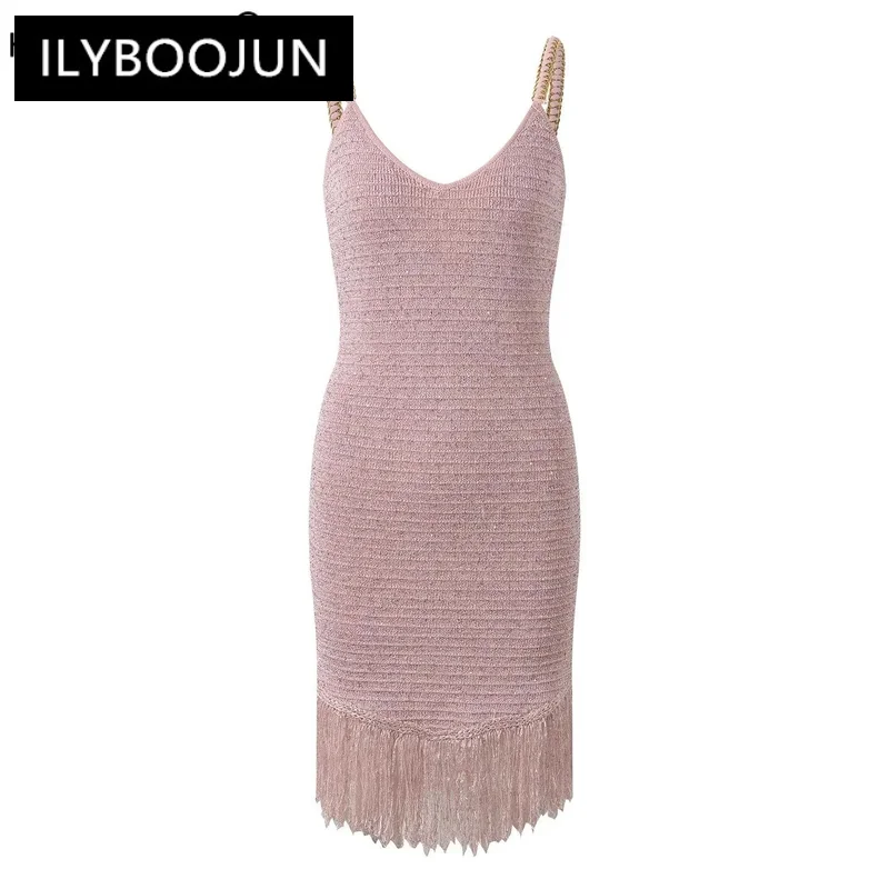 

Dresses For Women 2024 Luxury Brand Autumn Style Lady Sleeveless Tassels Hem Mini Short Knitted Slim Fitted Dress