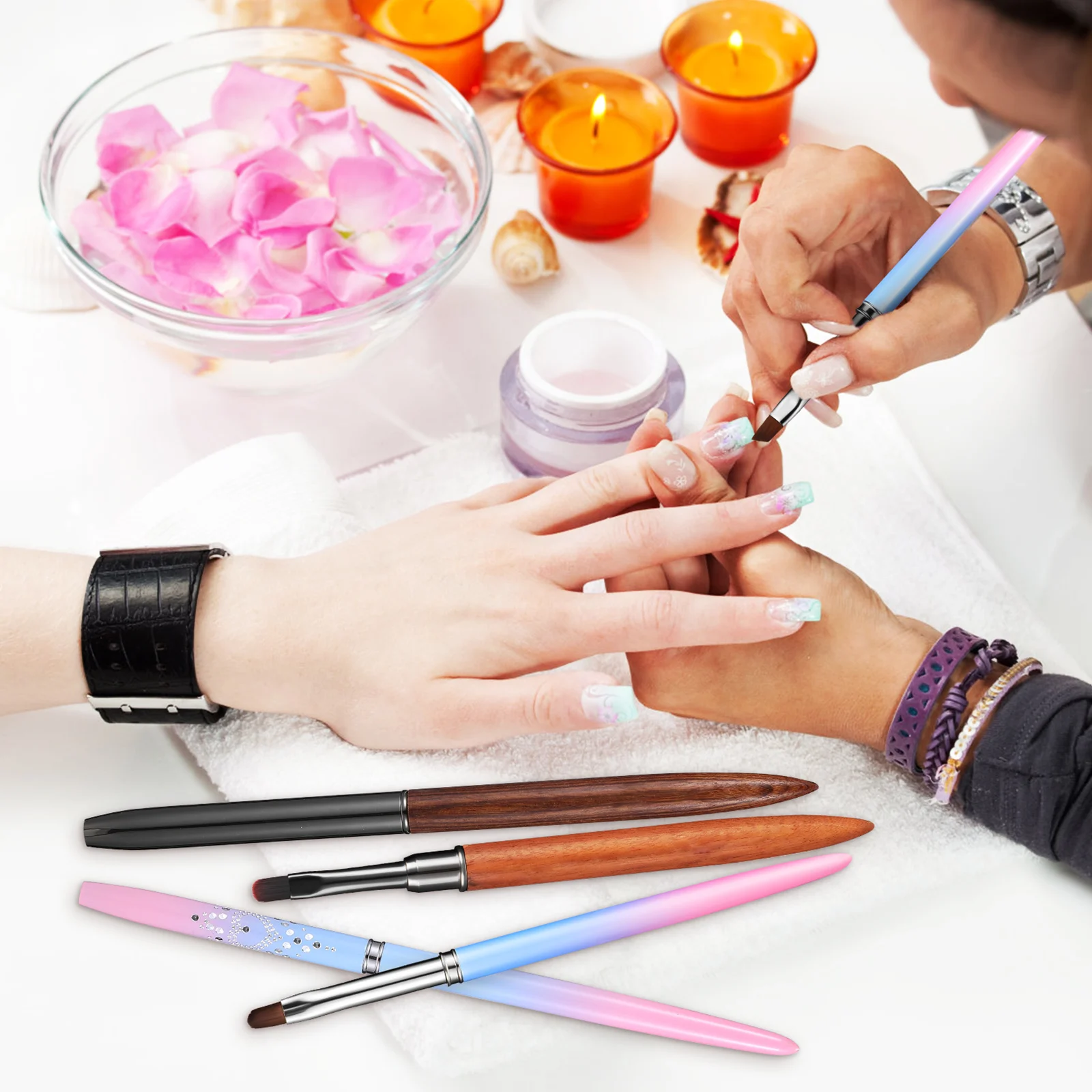 5本セット ネイルアートブラシ フラット ラウンド アングルヘッド クリーンアップブラシ ポリッシュ除去 マニキュア ジェルエクステンション サロン 家庭用 耐久性