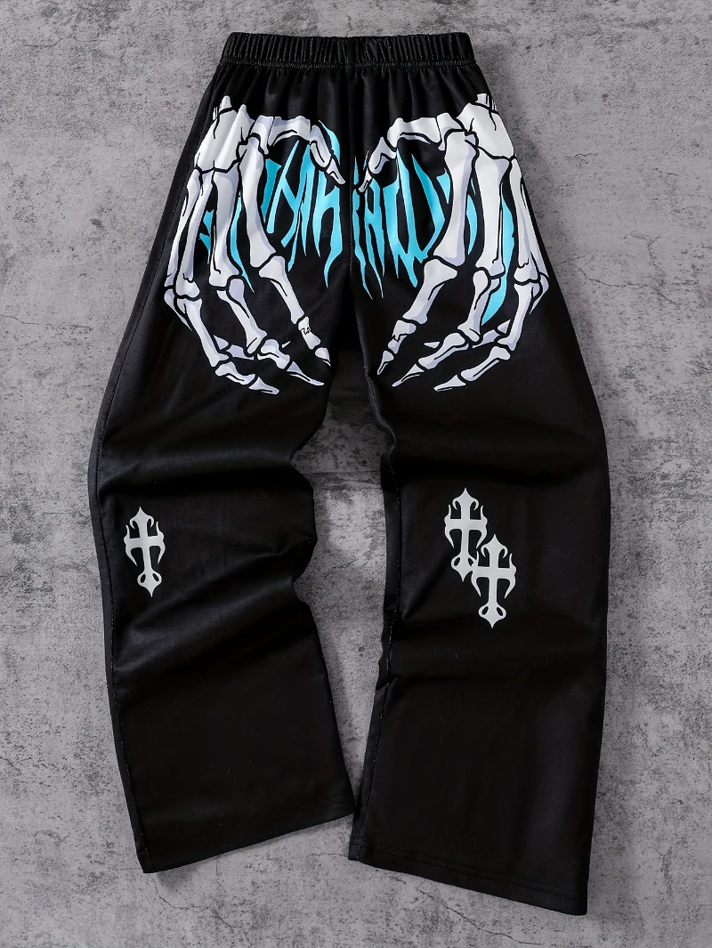 

Halloween Pants - Wide Leg Trousers with Elastic Waistband, Black & White Gothic Skull Crossbones Print, Loose Fit