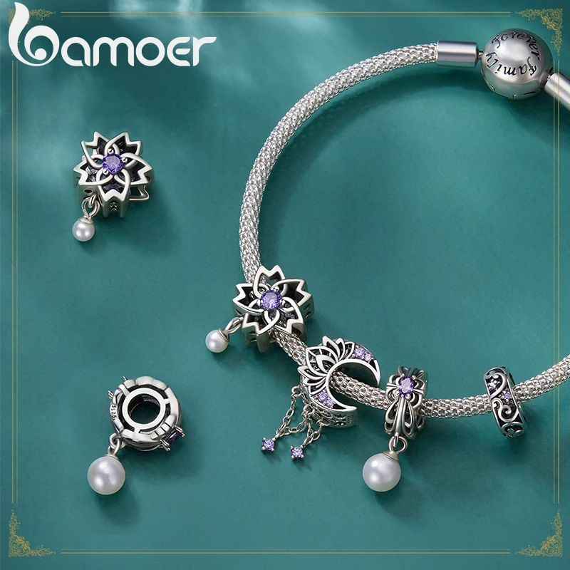 Bamoer 925 Sterling Silver Vintage Texture Purple Zirconium Pendant fit Women DIY Bracelet & Bangle Pearl Glossy Pearl Charms