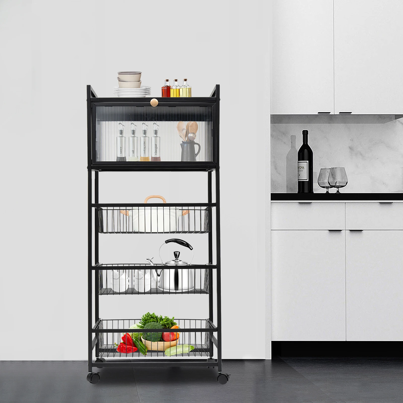 

5-этажная кухонная полка для хранения 55x27,5x123 см с тормозными роликами, черный многоуровневый органайзер для кухонных принадлежностей