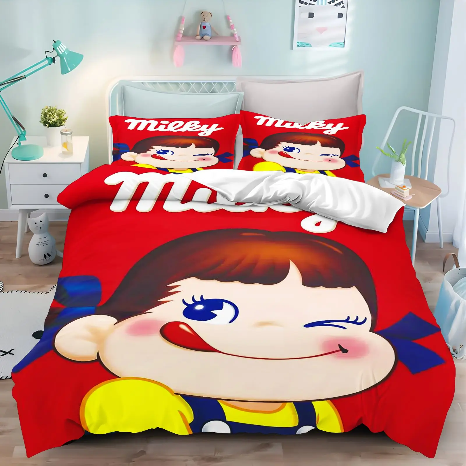 Fujiya Milky Peko Chan Duvet Cover Set 3Pcs Cute Wink Girl Red Print Bedding Soft Microfiber Quilt Cover for Girls Bedroom