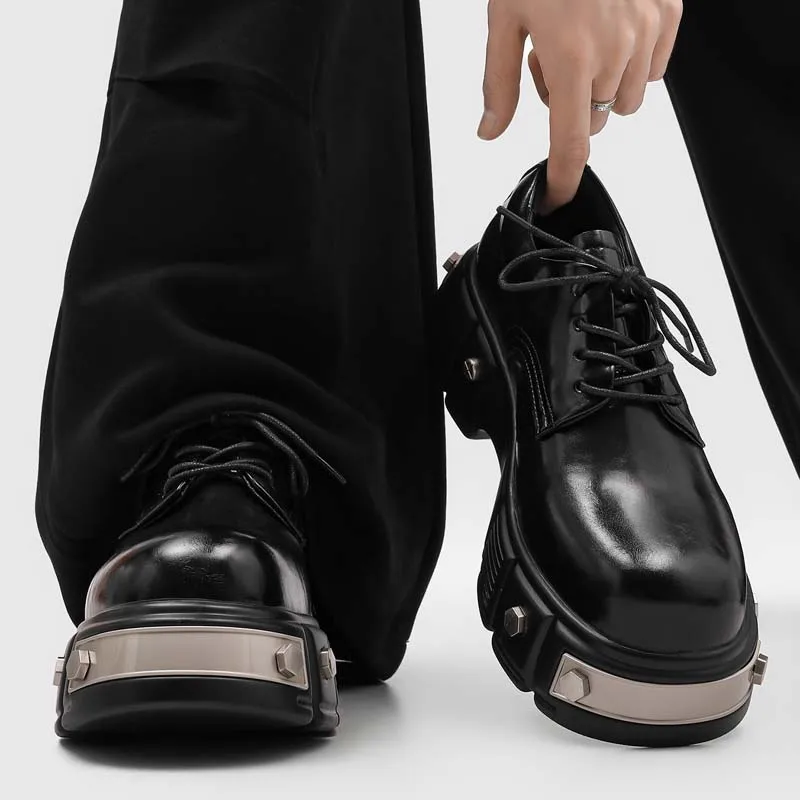 

Size 38-46 Trendy Fashionable Men Derby Shoes Black New Style Thick-soled Lace Round Toe English-style Thick Soled Leather Shoes