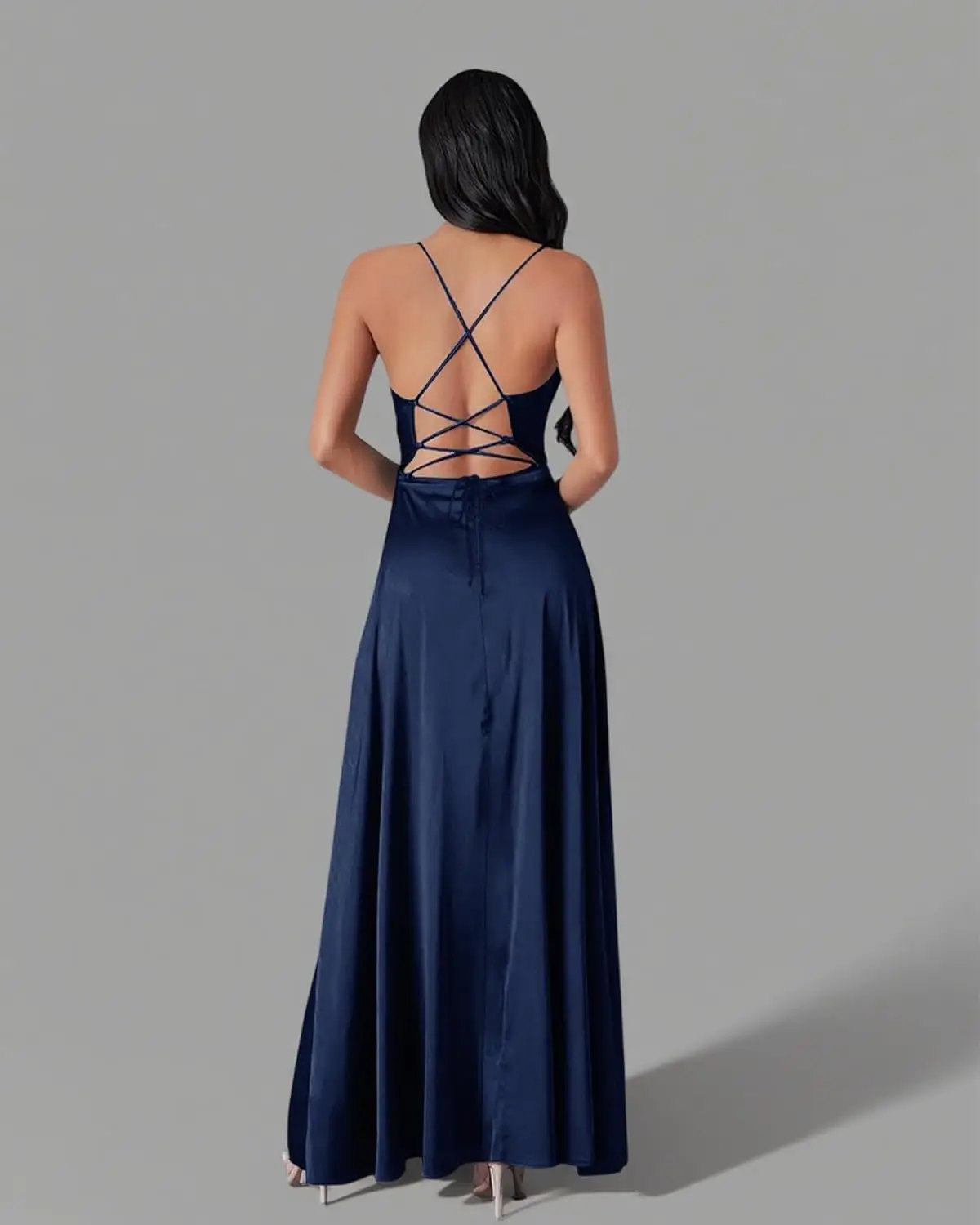 Satijnen rugloze bruidsmeisjesjurk met dunne schouderbanden en split lange trouwjurk voor dames formele avondjurk, baljurk