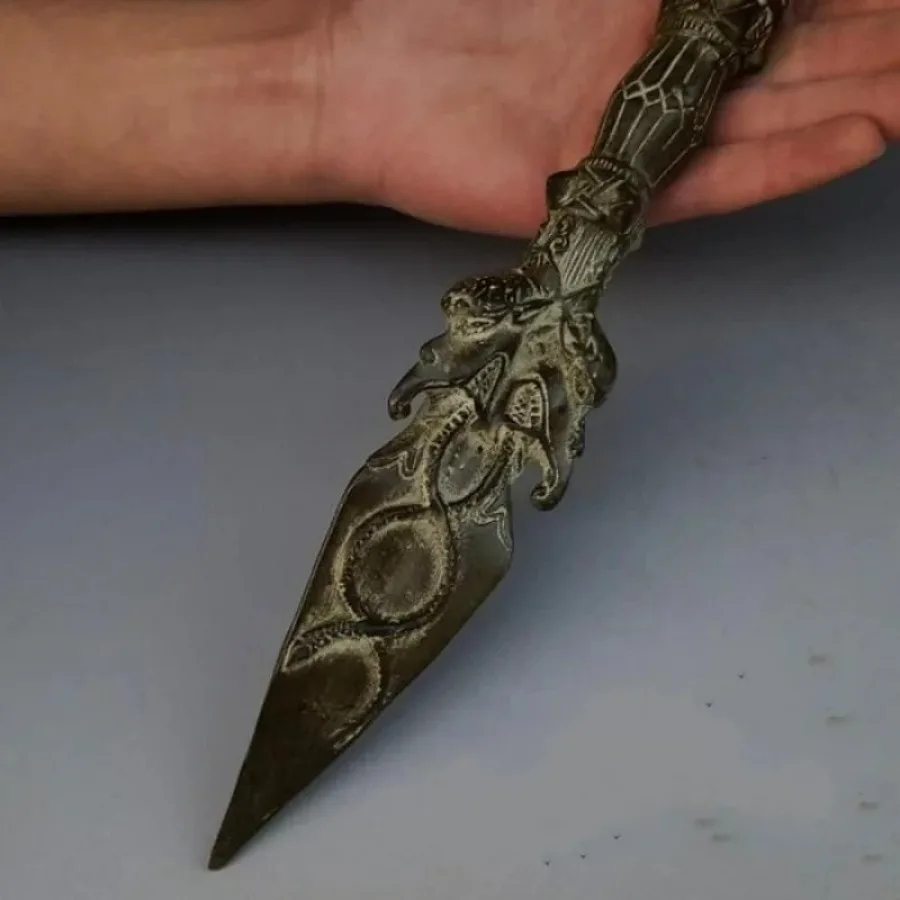Collectible Tibet Old Bronze Carved Vajra Jiang Mochu Sculpture Antique Vajra Horse Head Sword Statue Home Decor Art Collection