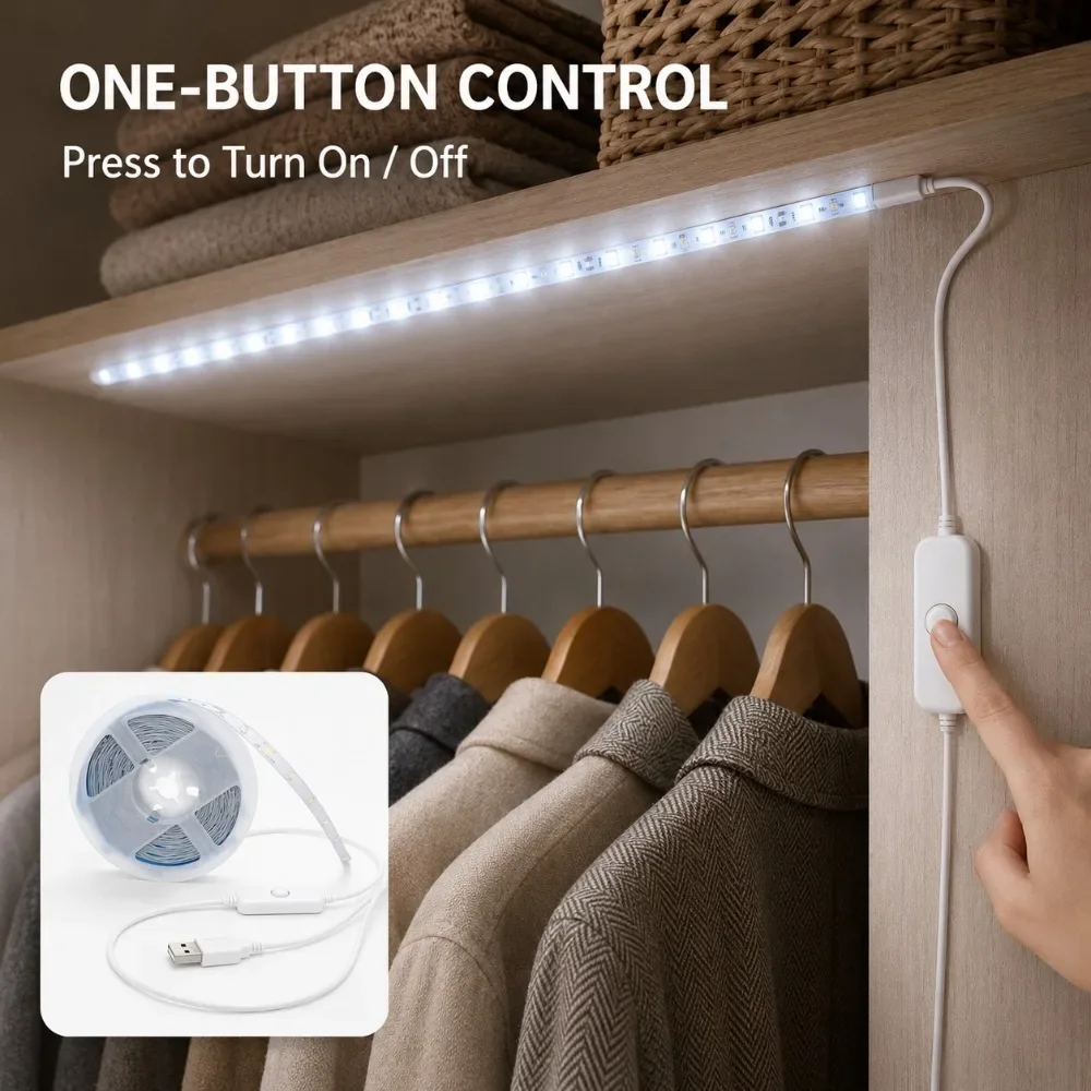 LED Strip Lights USB Button Control 5V Safe Low Voltage Soft Uniform Light Self-Adhesive Cuttable For Desk Closet Home Decor - view 4