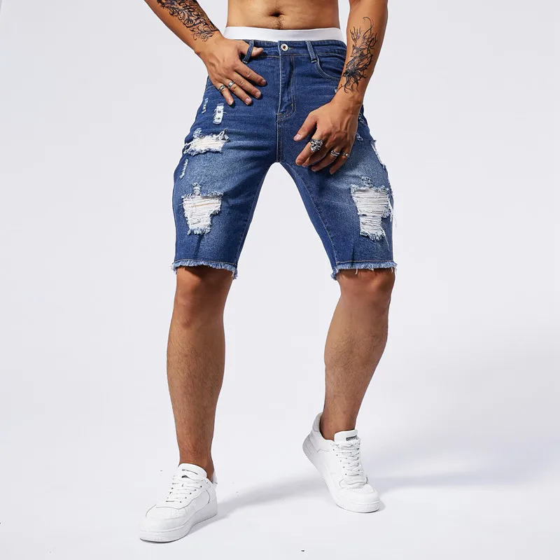 Summer men\'s ripped denim shorts in three colors fashionable retro washed high elasticity slim fit straight leg denim shorts