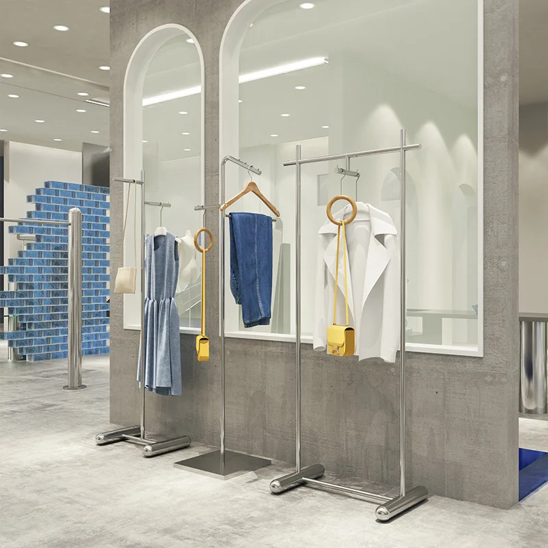 Customized Clothing Display Rack Stainless Steel Floor-Standing with Wheels Island Shelf Mobile Hanging Display Props Men's