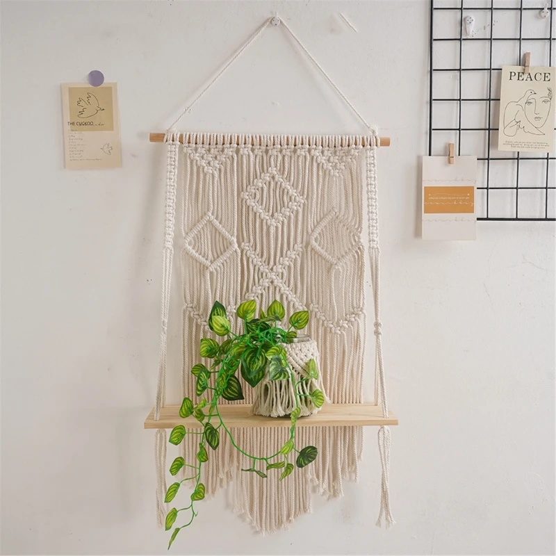 Functional Wood and Cotton Shelves Organizer Handwoven Fringes Hangings Organizer Space Saving Storage Rack 87HA