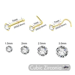 1PC 1.5/2/2.5/3mm Cuban Zirconia Nose Stud Gold Color Nose Piercing Jewelry, I L Shaped Shiny Crystal Bone Nostril Body Jewelry