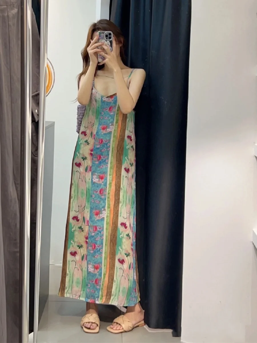 الصيف ماتيس سلسلة مطبوعة تنورة طويلة الدكتور الشيفون حمالة ثوب عالية الخصر ألف خط V-Ne No-Sve ثوب طباعة الأزهار