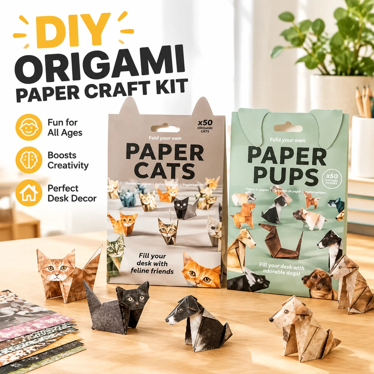 DIY Origami Paper Craft Kit 50Pcs 3D Animal Folding Set Cats Dogs Dinosaurs for Kids Adults Beginners Desk Decor