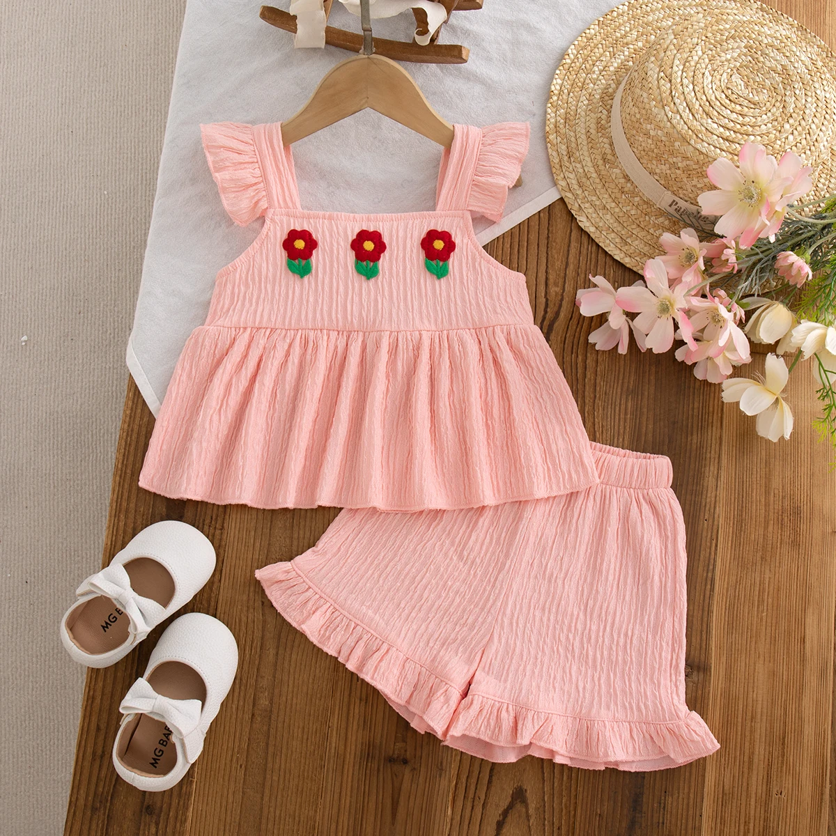 Summer New Red Flower Baby Girl Two-Piece Cool And Breathable Children'S Clothing (6 Months -3 Years Old)