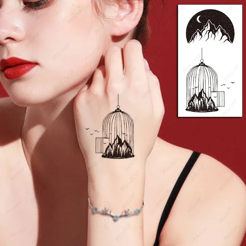 Татуировки-наклеек-в-виде-птичьей-клетки-planet-hill-mountain-night-moon-pattern-Водонепроницаемые-временные-поддельные-татуировки-для-женщин-мужчин-и-детей