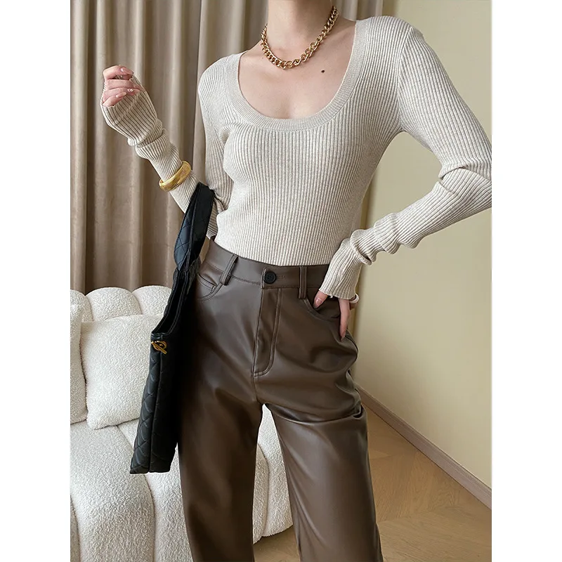 

Autumn Women Scoop Neck Soft Cotton Long Sleeve Bottom knit sweater Chic Long Sleeve Knit Top Square Collar Inside Sweater