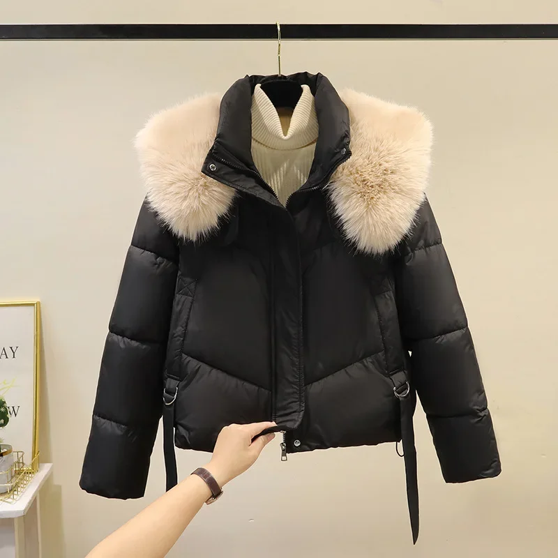 Chaqueta acolchada con capucha para mujer, abrigo grueso de algodón con cuello de piel, diseño elegante de manga larga, prendas de vestir exteriores