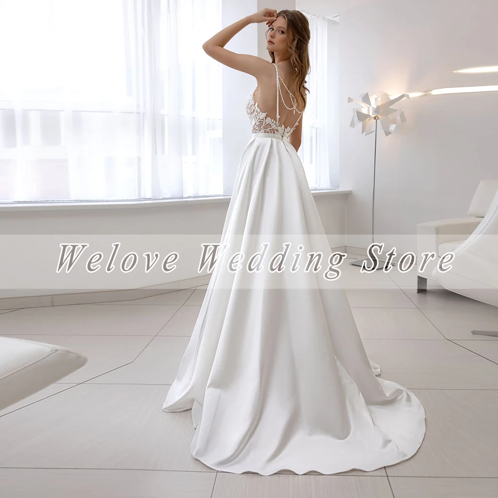 White Satin Wedding Dress With Straps Sheer Sleeveless Floor Length With Trail Applique Open Back Simple Bride Custom Gown Party