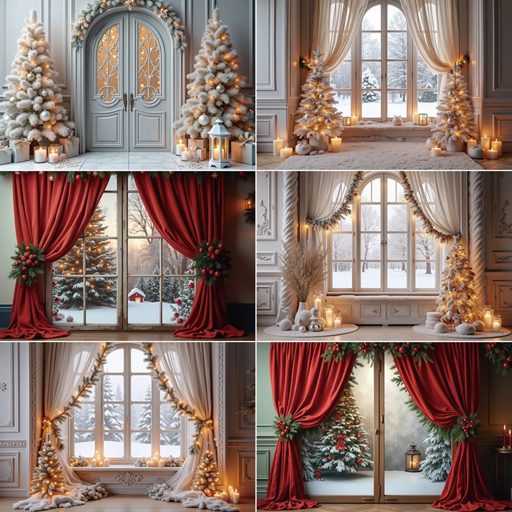 MOON.QG 2025 Christmas Photography Backdrop New Year Window Xmas Tree Background Child Home Party Studio Photocall Accessories