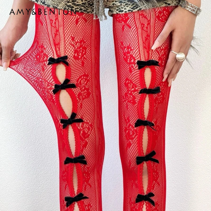 Original Design Red Sexy Hot Girl Bow Lace Hollow Out Women's Fishnet Stockings Japanese New Cute Girl Color-Block Tights Ladies