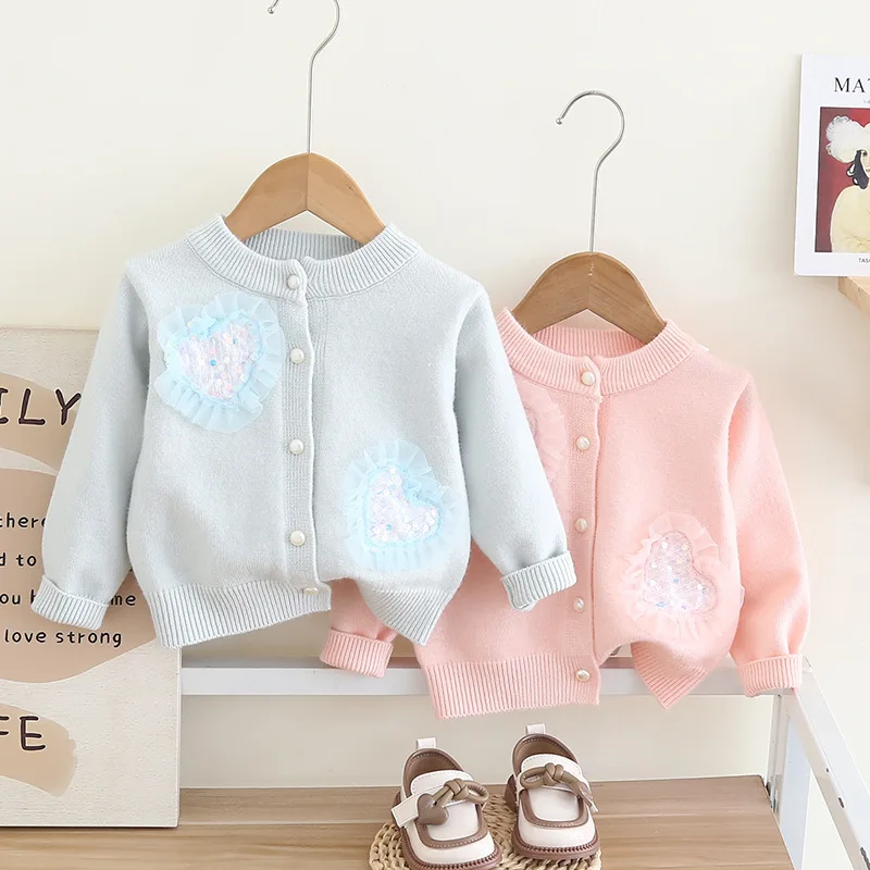 Children's sweater cardigan lace peach heart knitted jacket for baby girls, stylish sweater for girls, candy colored long sleeve