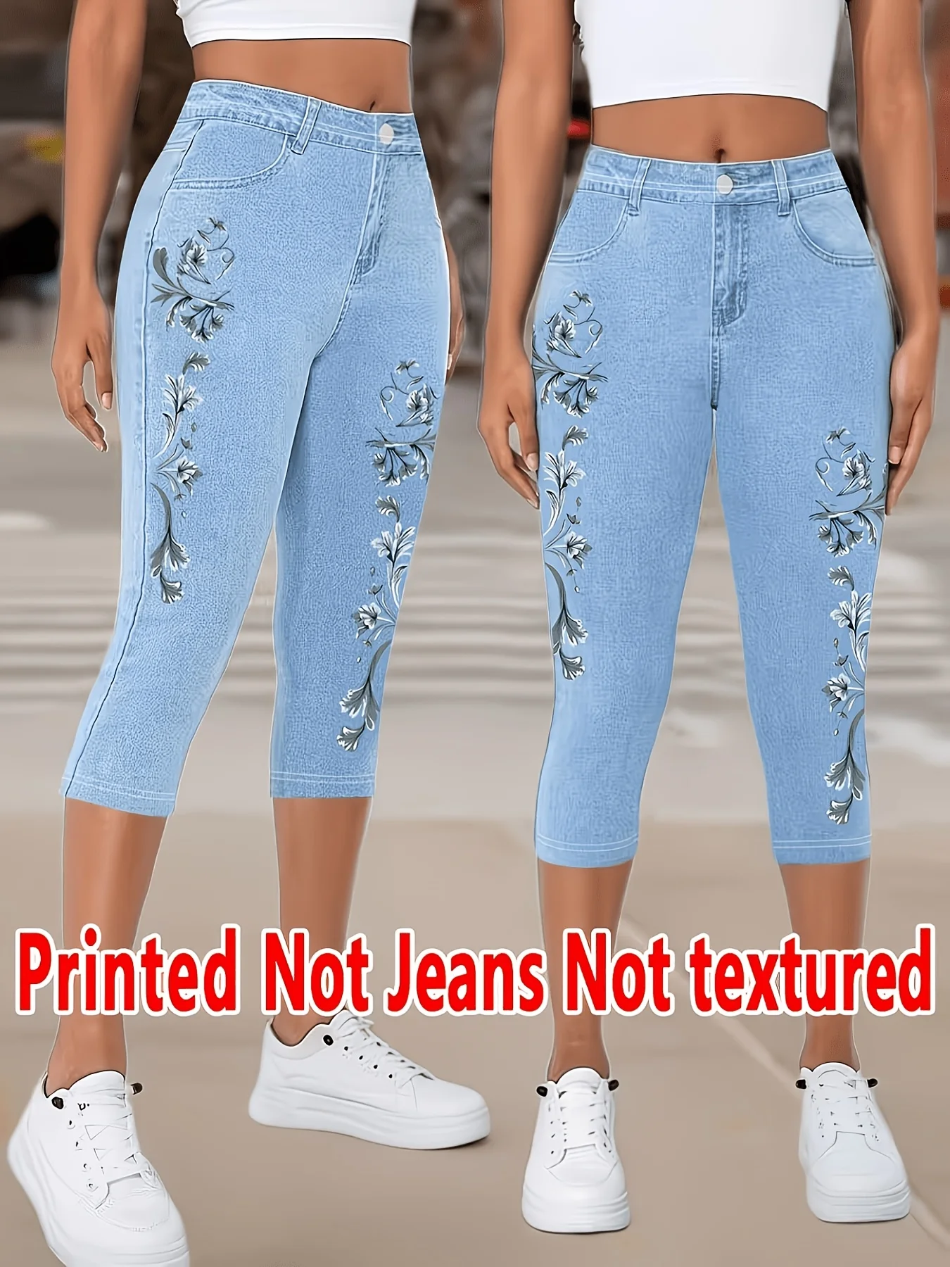 Women High Waist Slim Fit 7/8 Cropped Fake Denim Pants With Floral Print, Suitable For Casual Daily & Sports Wear