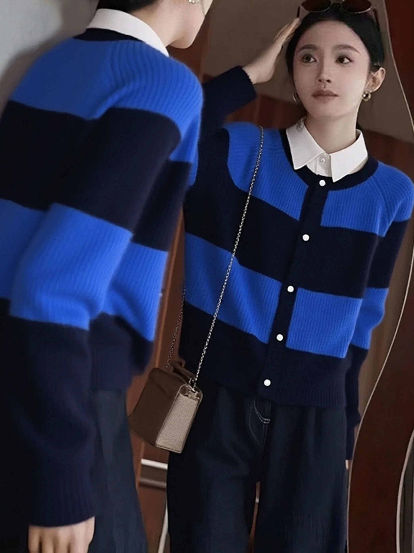 Winter Faion Long Sve Knitted Cardigan Color Blo Striped Design Camere Top Single Button Versatile Commute Sle